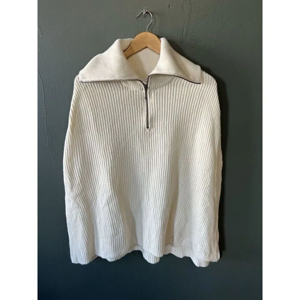 J Jill Ivory Cream S-L Ribbed Poncho Sweater Cape 1/4 Zip  Classic Preppy Fall